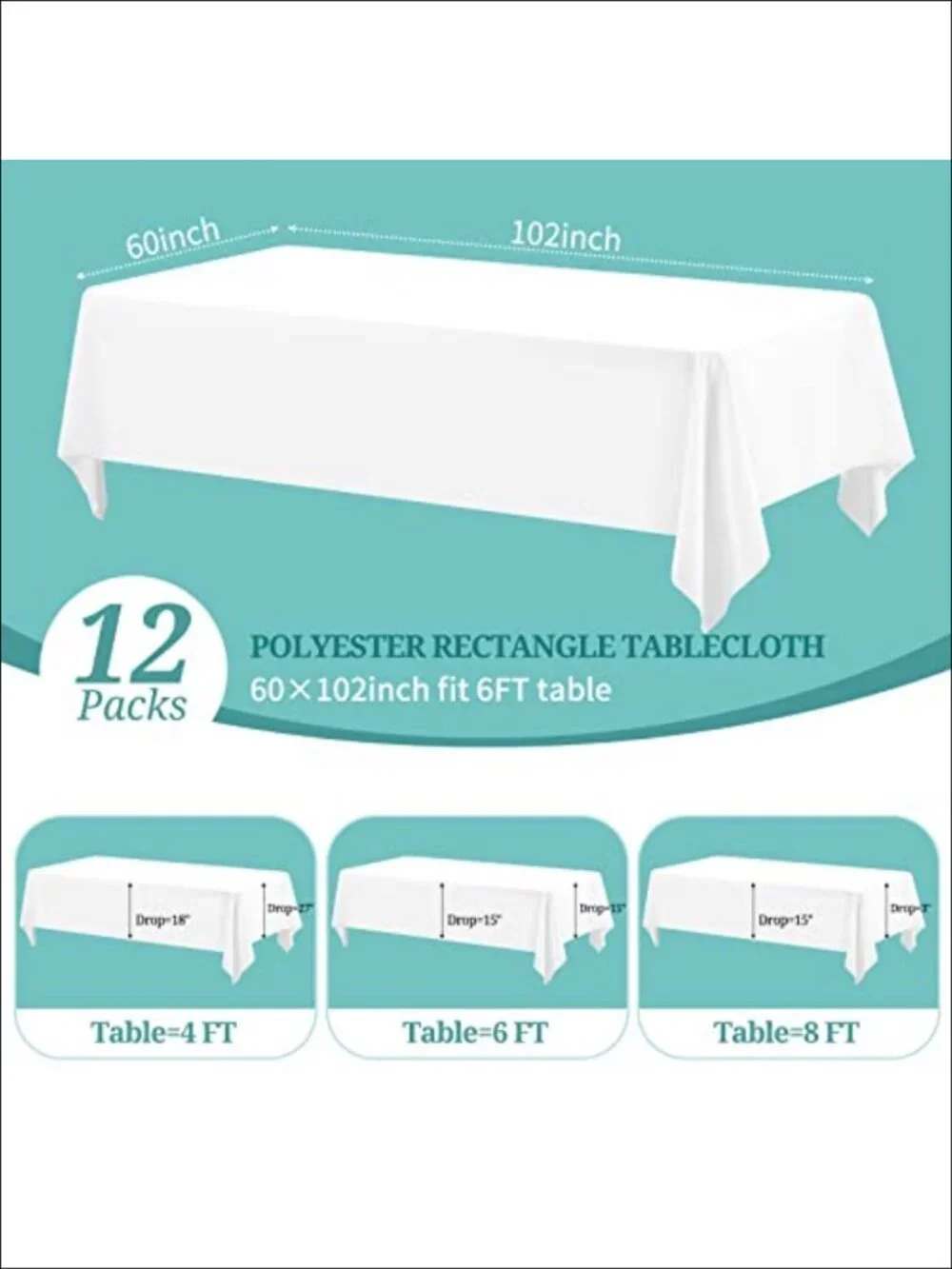 12 Pack Rectangular Polyester Tablecloth 60x102 Inch for 6ft Tables